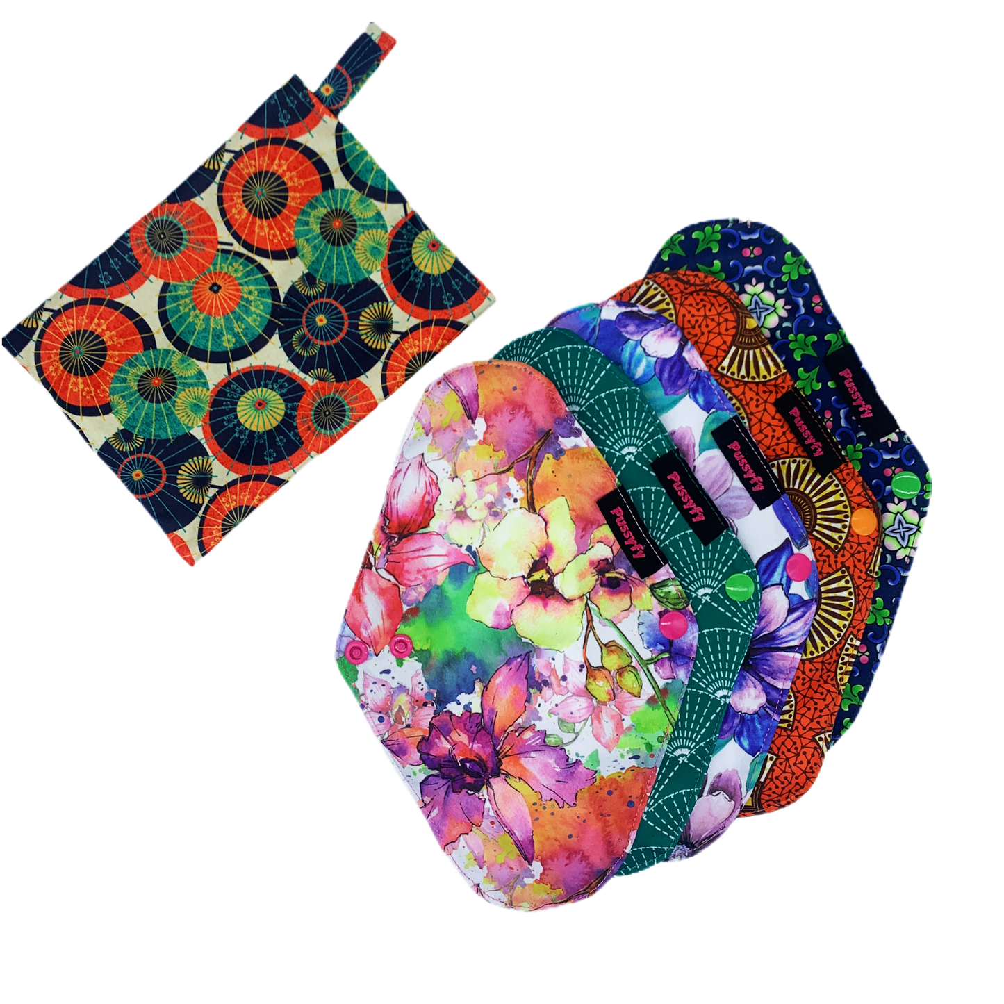 Pack de 5 serviettes hygiéniques lavables design + pochette à tirette offerte avec comme choix , 5 serviettes de taille S, M ou L - Pussyfy