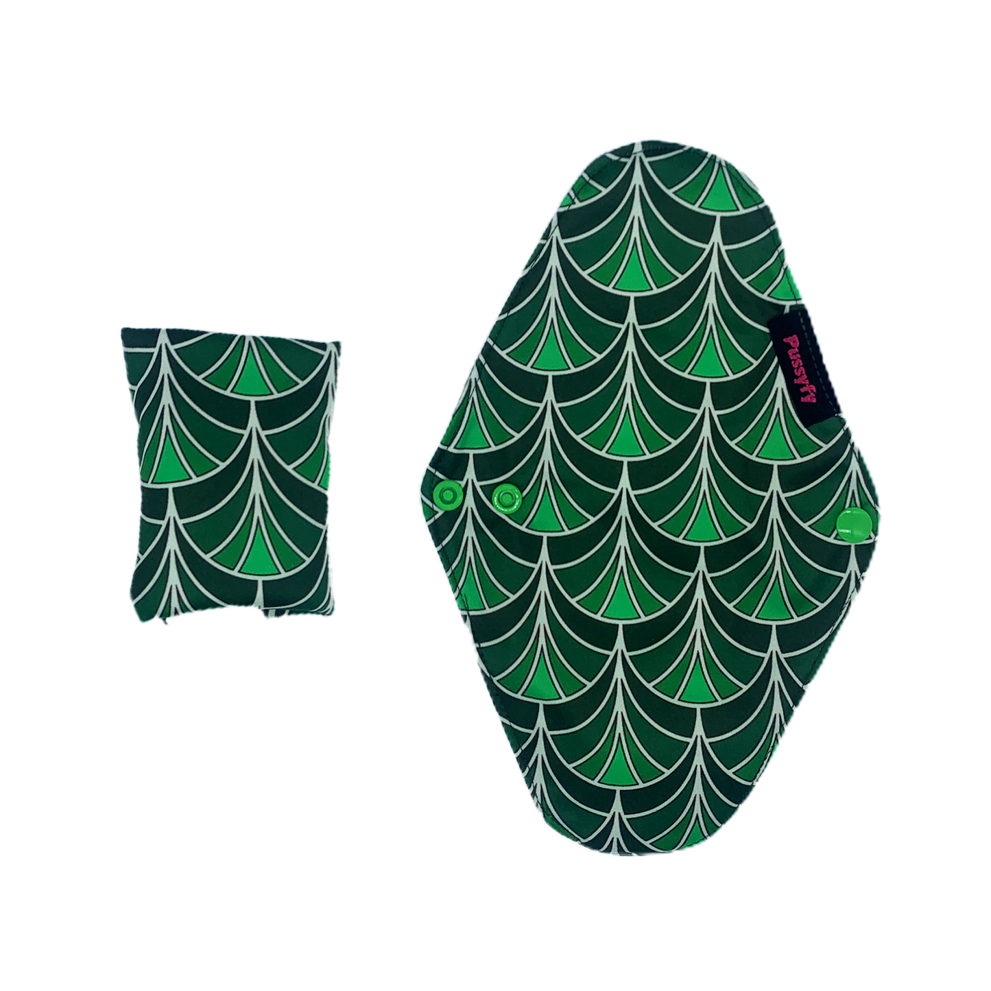 La serviette hygiénique lavable vert design est plié en 4 et de face déplier. Flux léger à abondant - Pussyfy