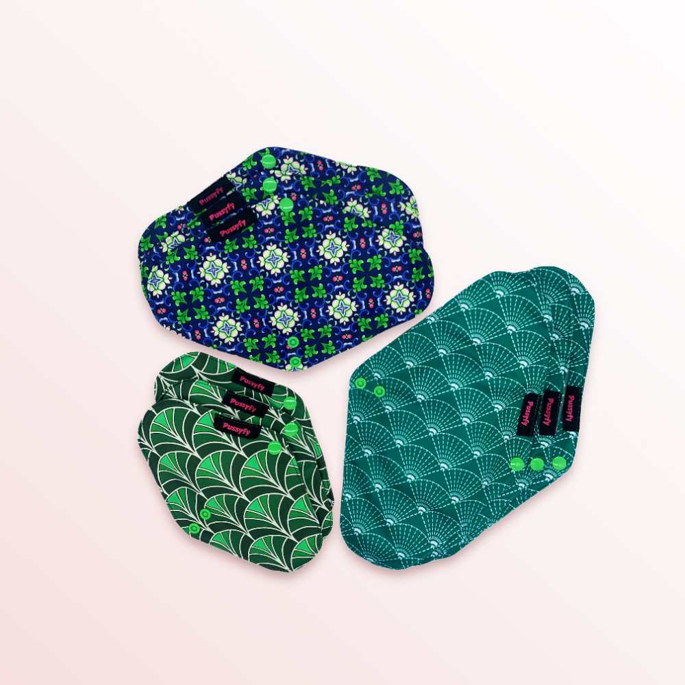 Pack de 9 serviettes hygiéniques lavables design vert + pochette offerte, 3 de taille S flux léger + 3 de taille M flux moyen +3 de taille L flux abondant où fuite urinaire - Pussyfy