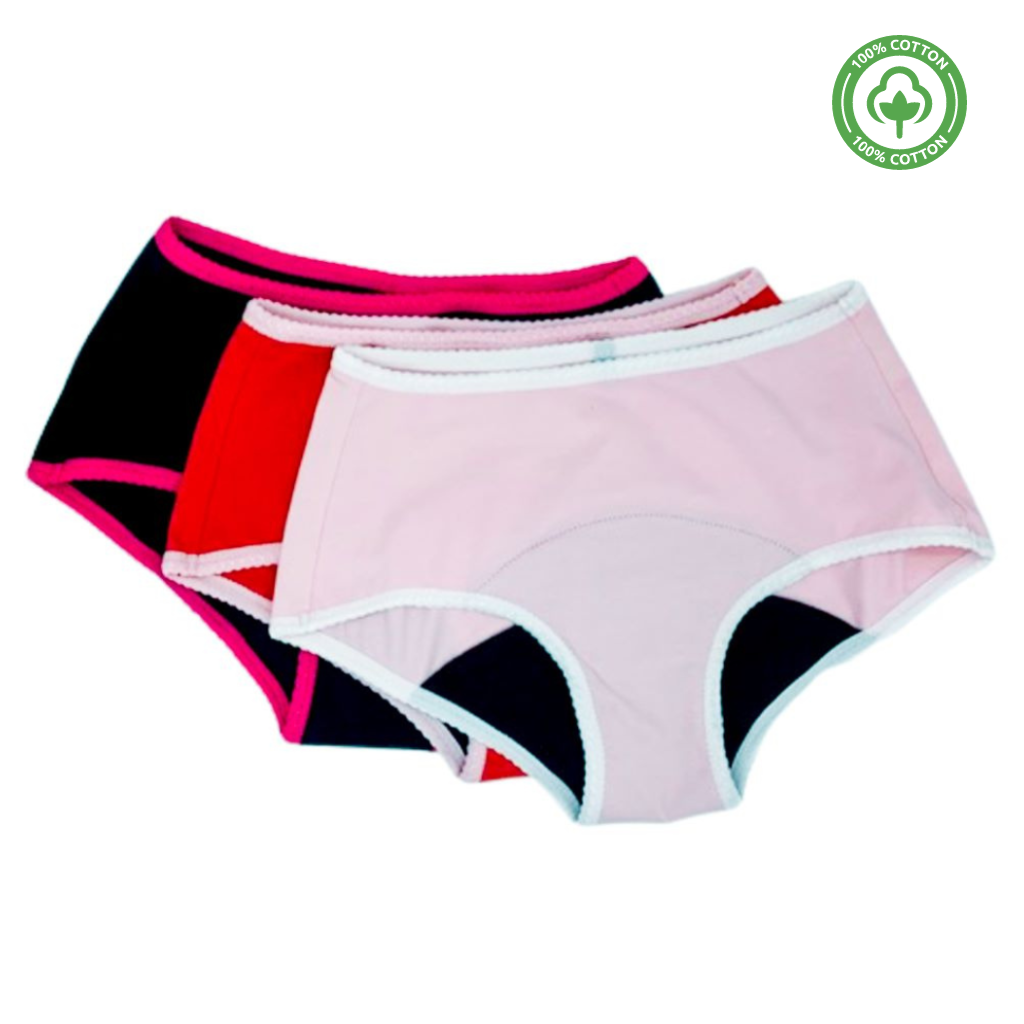 3 culottes menstruelles pour Ado avec un flux léger - flux moyen  et flux abondant conçues et fabriquées en Belgique de la marque Pussyfy en coton bio