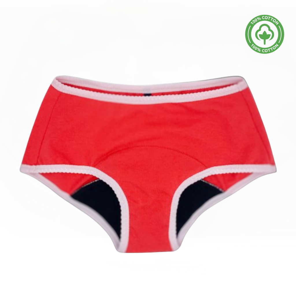 Culotte menstruelle rouge flux moyen en coton bio, conçues et fabriquées en Belgique de la marque Pussyfy