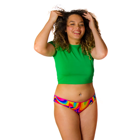 Culotte menstruelle colorée modèle disco, conçues et fabriquées en Belgique de la marque Pussyfy