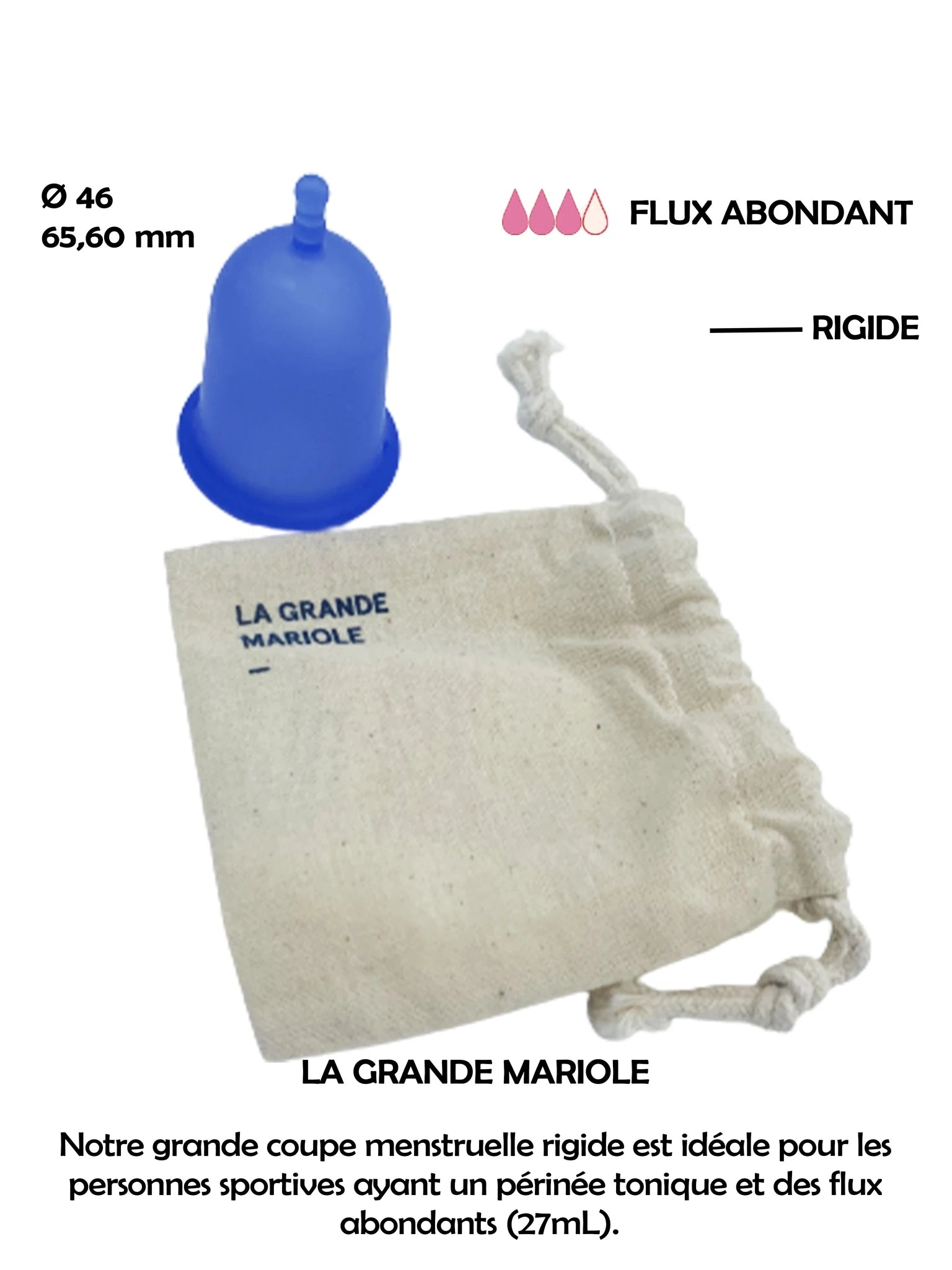 Coupe menstruelle rigide bleue la grande mariole 27 ml pour les flux moyen à abondant fabriquée en France. Silicone de grade médical platine